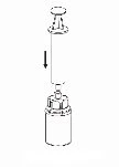 Schematic diagram showing a syringe plunger being pushed downward with a black arrow to draw liquid from a vial