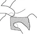 Black line drawing showing two hands handling a patch or mesh dressing with a central hole for the