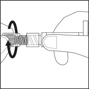 A hand rotates the top part of a medical device with a black circular arrow indicating a counterclockwise rotational movement
