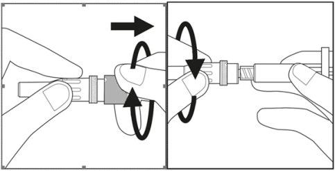Two diagrams show hands rotating a part of a medical device to engage or unscrew two cylindrical components from each other