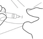 A hand holds a syringe to inject liquid through the skin of a body part, with black outline lines on a white background