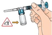 One hand holds a syringe with a T-connector attached to a vial and a symbol of an eye with an arrow indicating inspection