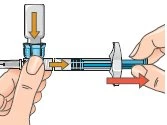 Two hands manipulating a syringe with a medication vial above, arrows indicating pouring of liquid and plunger movement
