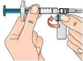Two hands holding a syringe and a medication vial with a red arrow indicating the rotational movement to connect the two components