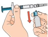 Hands holding a syringe and a vial with a red arrow pointing downward indicating the aspiration movement of the medication