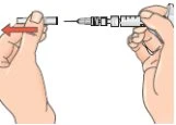 Two hands separate a needle from a syringe with a red arrow indicating the leftward extraction movement