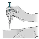 One hand holds a syringe with the needle pointing downward, ready to be inserted into the skin of an arm or leg