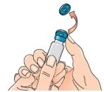 Two hands hold a glass vial while a blue cap is being removed by twisting it off