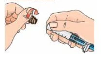 Two hands prepare a medication: one hand unscrews the cap from a small vial while the other holds it