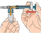 Hands holding a syringe horizontally to aspirate liquid from a vial, with a yellow arrow pointing downward and a red arrow pointing to the left
