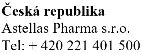 Testo nero su sfondo bianco con la scritta Česká republika, Astellas Pharma s.r.o. e il numero di telefono + 420 221 401 500