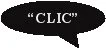 Black oval-shaped speech bubble with the word 'CLICK' in white uppercase letters and a small downward pointer