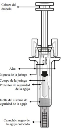Technical diagram of a syringe with Spanish labels indicating the head of the