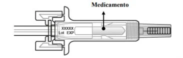 Technical diagram of a medical device showing an arrow pointing toward the internal compartment containing the medication