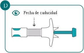 Diagramma medico con icona di un occhio, la scritta Fecha de caducidad e una freccia che indica la data di scadenza su un dispositivo medico a siringa