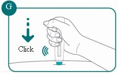 Rysunek techniczny ręki trzymającej urządzenie medyczne skierowane w dół, z przerywaną strzałką i napisem Click