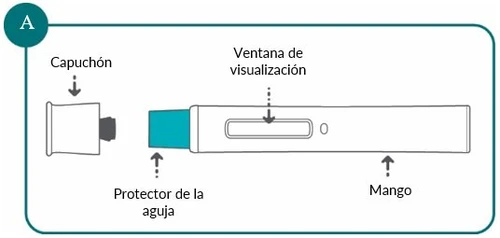 Diagramma di un dispositivo medico con cappuccio, finestra di visualizzazione, protezione dell'ago e impugnatura con etichette in spagnolo