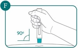 Una mano impugna un dispositivo medico verticalmente a 90 gradi rispetto alla superficie piana sottostante per l'iniezione