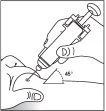 Technical drawing showing a hand holding an auto-injector to administer an injection into the skin at a 45-degree angle