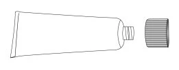 Disegno lineare di un tubetto di crema aperto con il tappo a vite separato sulla destra su sfondo bianco