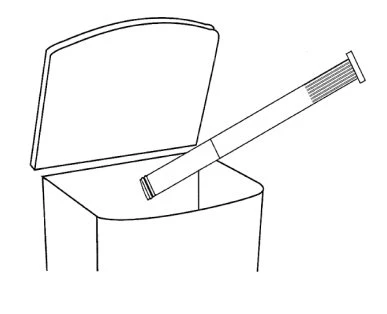 Disegno lineare di una penna iniettiva appoggiata sopra una scatola di cartone aperta con il coperchio sollevato verso l'alto
