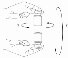 Technical drawing showing two hands rotating a medical vial clockwise and counterclockwise, indicated by numbers 1 and 2 with curved arrows