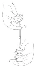 Two hands preparing a medication, one holding a glass vial while the