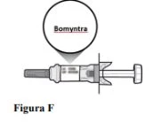 Disegno tecnico di una siringa orizzontale con la scritta Bomyntra all'interno di un cerchio sopra di essa e la dicitura Figura F sotto