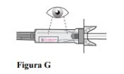 Diagramma che mostra un occhio che osserva l'etichetta rosa su una siringa orizzontale per verificarne la corretta identificazione