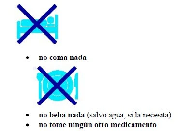 Icone azzurre con croce blu sopra un letto e un piatto con posate, accompagnate da scritte in spagnolo che indicano di non mangiare né bere nulla