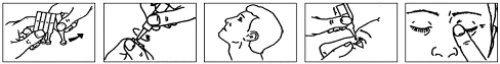 Sequence of five drawings showing how to open the vial, aspirate the liquid, and prepare the