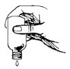 A hand holds an inverted medicine bottle from which a single drop of liquid is emerging from the open spout