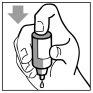 A hand holding vertically a medical bottle from which a drop of liquid falls downward, with an arrow indicating the downward direction