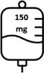 Stylizowany rysunek worka do infuzji zawierającego ciecz z napisem 150 mg w środku i oznaczeniami pomiarowymi po prawej stronie