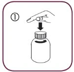 Schematic drawing of a hand pressing a finger down on the cap of a medical vial indicated by the number one and a downward arrow
