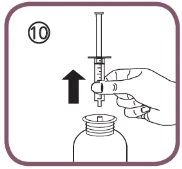 A hand holds a syringe vertically above a medicine vial with a black arrow pointing toward the