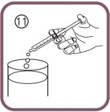 Technical drawing of a hand holding a syringe to dispense liquid drops into a cylindrical container, with the number 11 in the top left corner