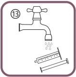 Line drawing of an open tap with water flowing over a syringe and a cylindrical container beside it, with the number 13 in a circle