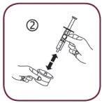 Technical drawing showing one hand holding a syringe above a vial and a second hand supporting the vial with a double-headed arrow