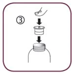 Diagram labeled number 3 showing a hand pushing a cap downward to seal the neck of a medical vial, indicated by black arrows