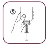 Technical drawing showing a hand gripping the top of a syringe to press the plunger downward, with the number 5 in a circle