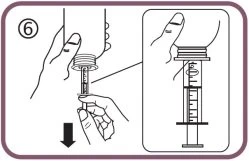 Technical drawing showing two hands withdrawing the plunger of a syringe from a medication vial with a downward-pointing arrow