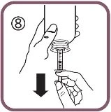 Technical drawing showing two hands separating a cylindrical container from a syringe device following a downward arrow
