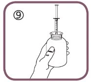 Numbered illustration showing a hand holding a vial while a syringe with a needle is inserted into the cap to withdraw its contents
