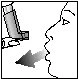 Disegno schematico di un profilo umano che inala il farmaco da un inalatore posizionato vicino alla bocca con una freccia che indica il flusso d'aria