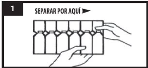 Two hands separate a strip of medical vials along a dotted cut line with the text SEPARAR POR AQUÍ