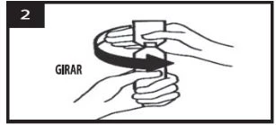 Two hands hold a medication bottle while a curved arrow indicates the rotation movement with the text GIRAR in the upper left corner