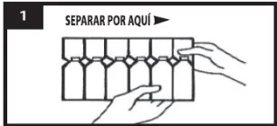 Two hands separate a blister strip with six rectangular ampoules along the dotted perforation line indicated by an arrow
