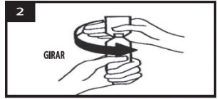 Two hands hold a bottle while a curved arrow indicates the rotation movement with the label TURN written in the upper left