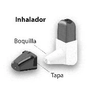 Diagram of an inhaler with a white mouthpiece and black body, indicating the parts Boquilla and Tapa, with the label Inhalador